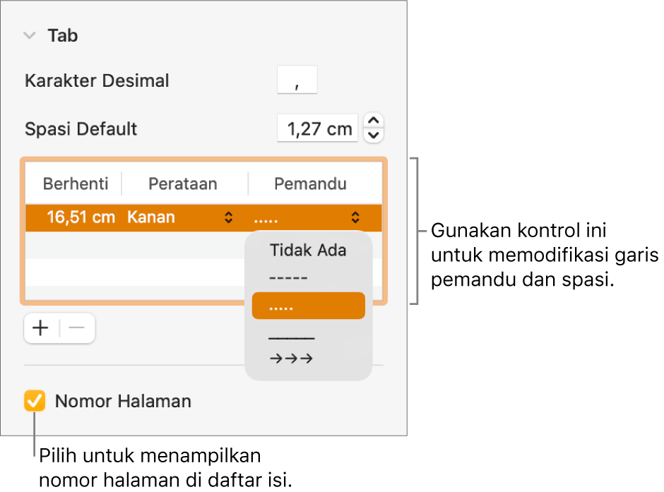 Bagian Tab pada bar samping Format. Di bawah Spasi Default terdapat tabel dengan kolom Penghentian, Perataan, dan Pemandu. Kotak centang Nomor Halaman dipilih dan muncul di bawah daftar.