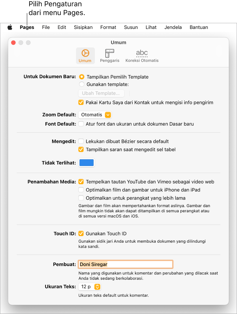 Jendela Pengaturan Pages terbuka ke panel Umum, dengan pengaturan untuk dokumen baru, zoom dan font default, pengeditan, persamaan, tidak terlihat, menambahkan media, Touch ID, nama pembuat, serta ukuran teks default.