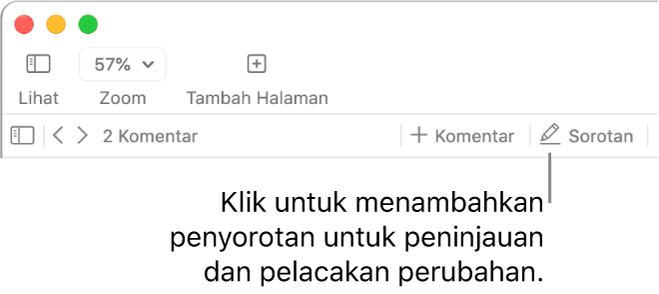 Bar menu menampilkan menu Sisipkan dan di bagian bawahnya, terdapat bar alat Pages dengan alat tinjauan dan keterangan pada tombol Sorot.