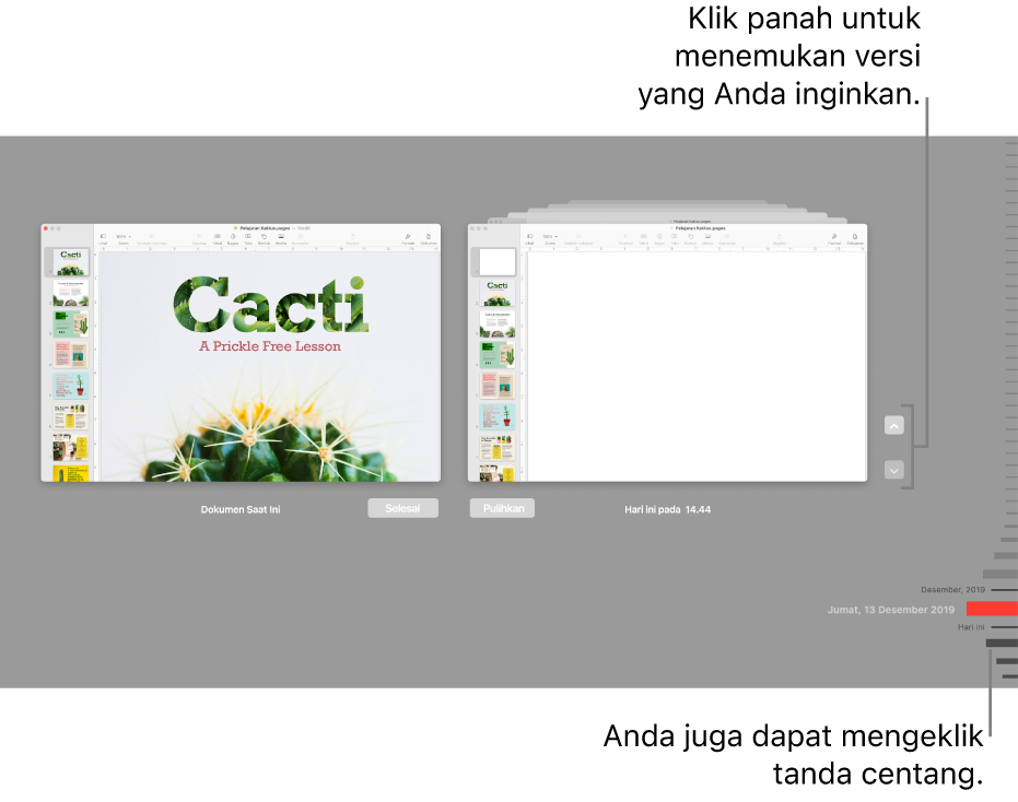Garis waktu versi menampilkan dokumen saat ini di sebelah kiri dan versi terbaru di sebelah kanan.
