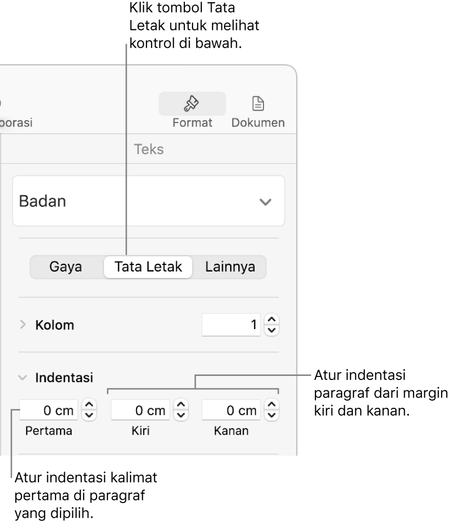 Kontrol di bagian Tata Letak bar samping Format untuk mengatur indentasi baris pertama.
