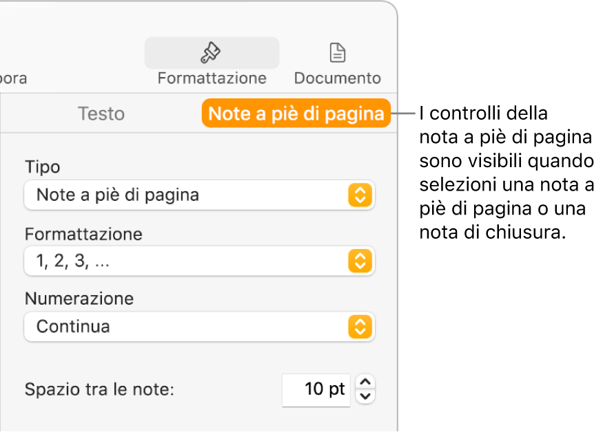 Pannello “Note a piè di pagina” con i menu a comparsa Tipo, Formato, Numerazione e “Spazio tra le note”.