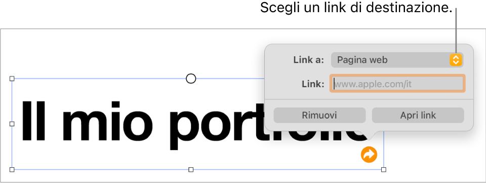 I controlli dell’editor dei link con la pagina web selezionata e con i pulsanti per rimuovere o aprire il link mostrati in basso.