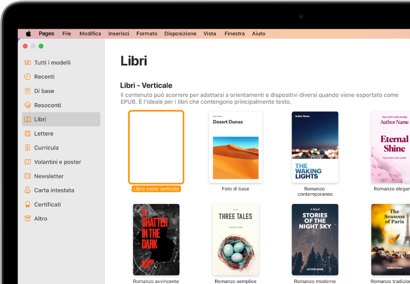 “Scelta modelli” con la categoria Libri selezionata nell’elenco delle categorie sulla sinistra e modelli per libri con orientamento verticale sulla destra.