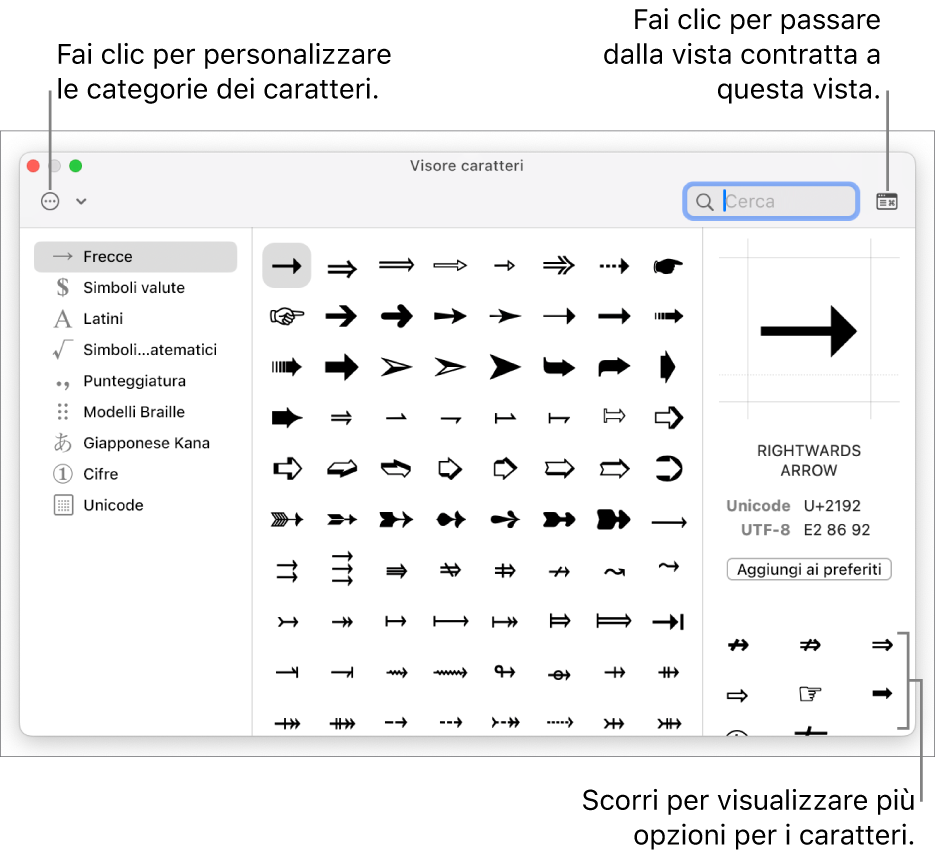 Il visore caratteri espanso mostra caratteri speciali e simboli, un menu per le diverse categorie di simboli sulla sinistra e un pulsante nell’angolo in alto a destra che consente di tornare alla visualizzazione ridotta.