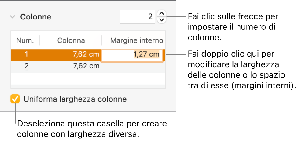 Pannello Layout dell’inspector Formattazione con i controlli delle colonne.