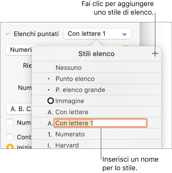 Menu a comparsa “Stili elenco” con un pulsante Aggiungi nell’angolo superiore destro e un nome di stile segnaposto con il suo testo selezionato.