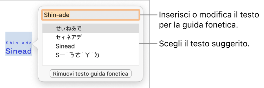 La guida fonetica aperta per una parola, con didascalie per il campo di testo e il testo suggerito.