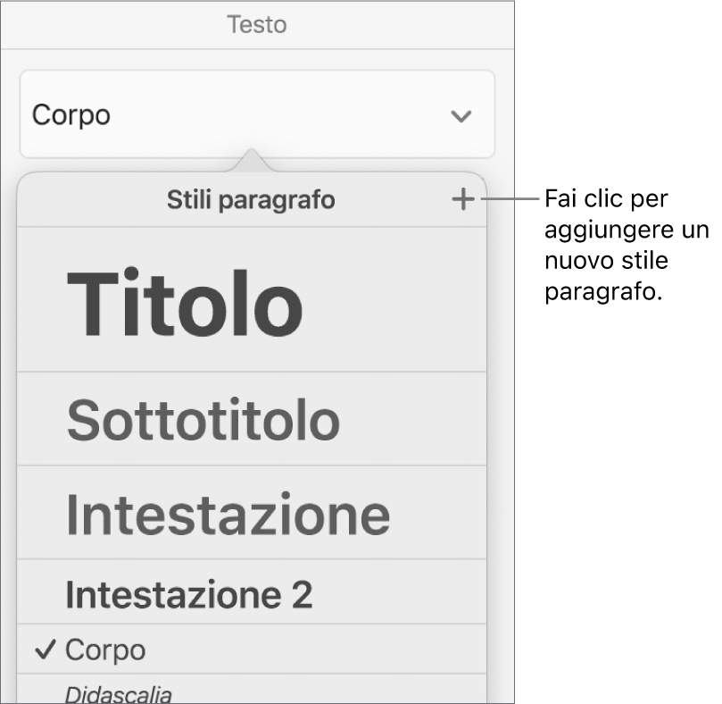 Il menu “Stili paragrafo” con una didascalia del pulsante “Nuovo stile”.