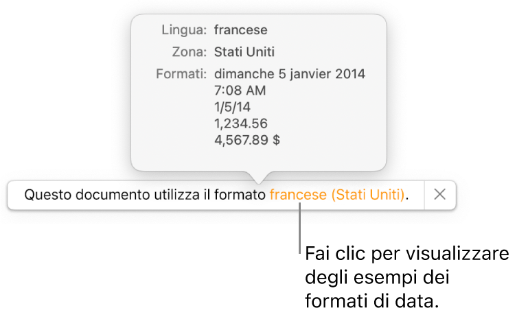 La notifica della diversa impostazione di lingua e zona, con esempi dei formati.