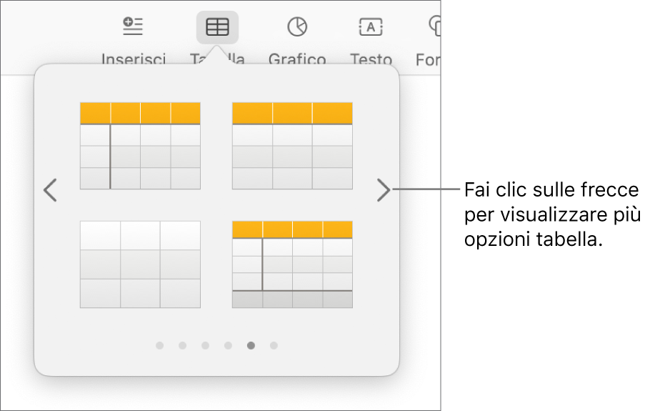 Menu “Aggiungi tabella” con le frecce di navigazione.