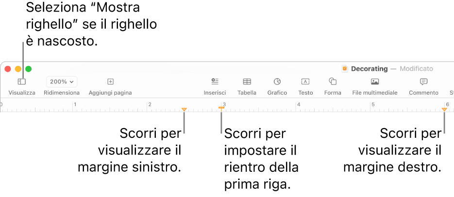 Righello con il controllo del margine sinistro e quello del rientro della prima riga.