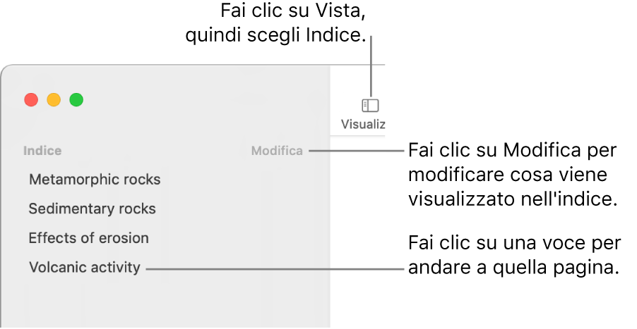 L’indice sul lato sinistro della finestra di Pages, con un pulsante Modifica nell’angolo superiore destro della barra laterale e le voci dell’indice in un elenco. Il pulsante Vista si trova nell’angolo superiore sinistro della barra strumenti di Pages, sopra alla barra strumenti.