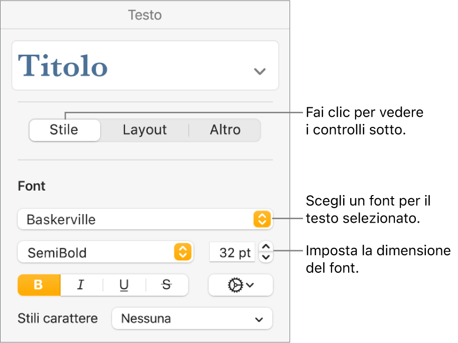 Controlli del testo nella sezione Stile della barra laterale Formattazione per impostare font e dimensioni del font.