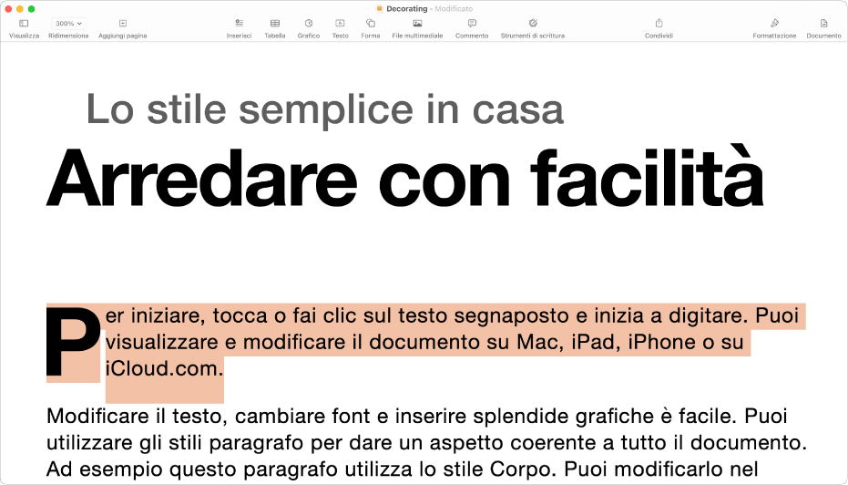 In un documento aperto con il testo segnaposto del modello selezionato.