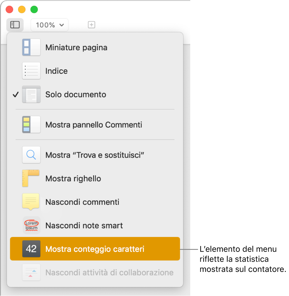 Il menu Vista aperto con “Mostra conteggio caratteri” nella parte inferiore.