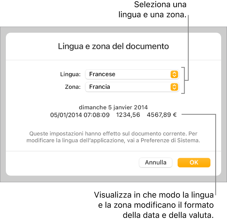 Il pannello “Lingua e zona” con i controlli per lingua e zona e un esempio di formato che include data, ora, numeri decimali e valuta.