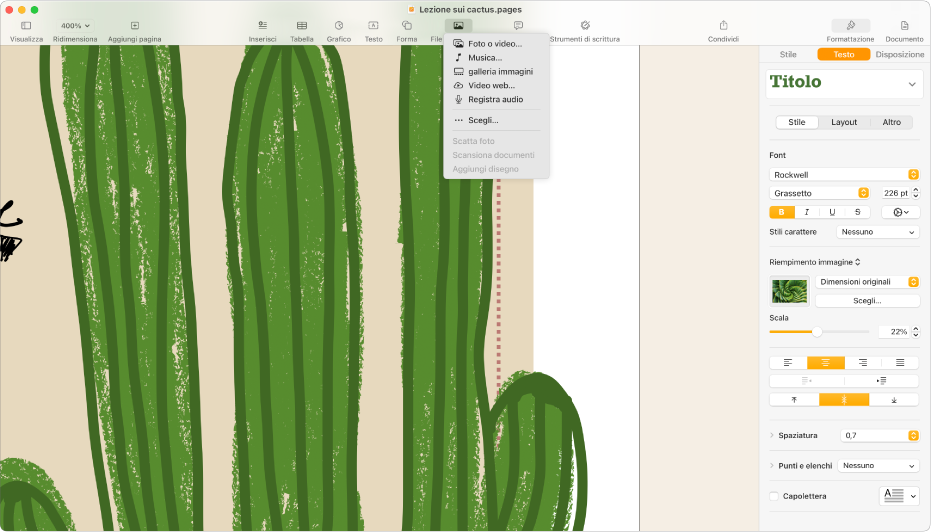 Documento aperto con il menu Aggiungi media aperto.