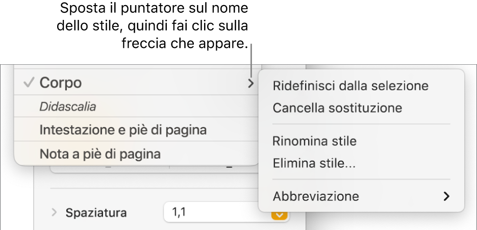 Il menu “Stili Paragrafo” con il menu di scelta rapida aperto.