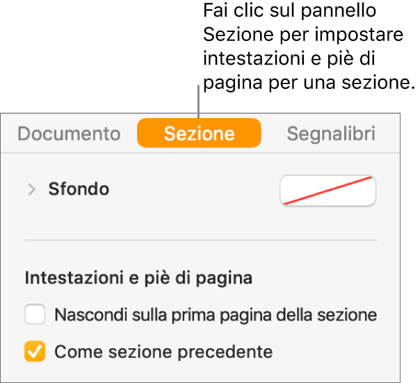 La barra laterale Documento con selezionato il pannello Sezione nella parte superiore la barra laterale. La sezione Intestazioni e Piè di pagina della barra laterale presenta dei riquadri accanto all’opzione “Nascondi su prima pagina della sezione” e “Come sezione precedente”.