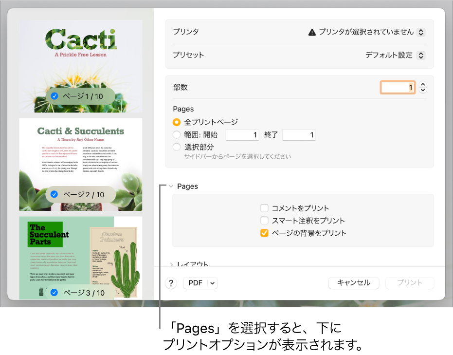 「プリント」ダイアログ。プリンタ、プリセット、部数、ページ範囲のコントロールを使用できます。ページ範囲の設定の下にあるポップアップメニューで「Pages」が選択され、その下に「コメントをプリント」、「スマート注釈をプリント」、および「ページの背景をプリント」のチェックボックスがあります。