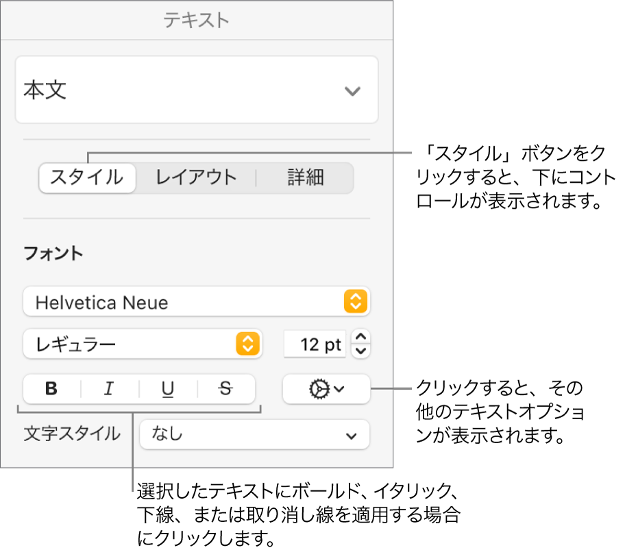 「フォーマット」サイドバーの「スタイル」コントロール。「ボールド」、「イタリック」、「アンダーライン」、および「取り消し線」ボタンのコールアウトが表示された状態。