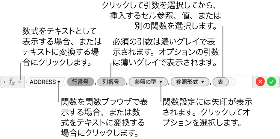 数式エディタ。ADDRESS関数とその引数トークンが表示された状態。