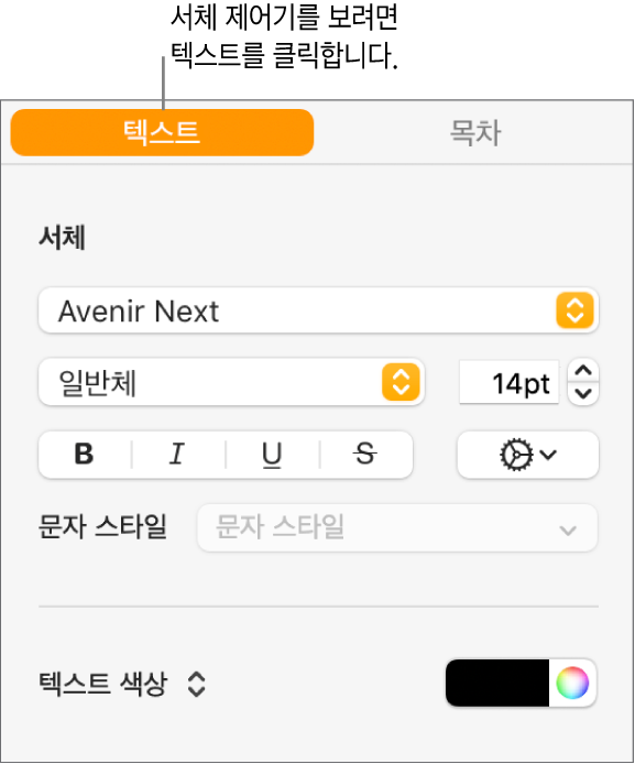 선택한 텍스트 탭 및 서체, 서체 크기를 변경하고 문자 스타일을 추가하는 서체 제어기가 있는 포맷 사이드바.