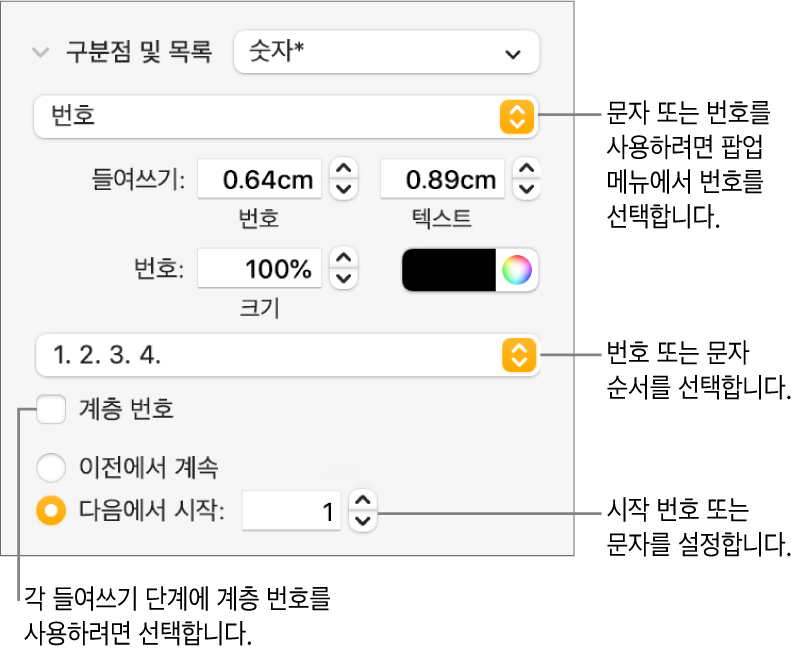 숫자 스타일 및 목록 간격 변경용 제어기.