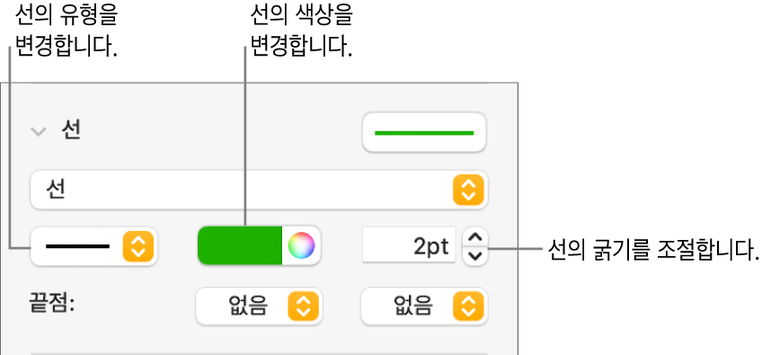 끝점, 선 굵기 및 색상을 설정하는 선 제어기.