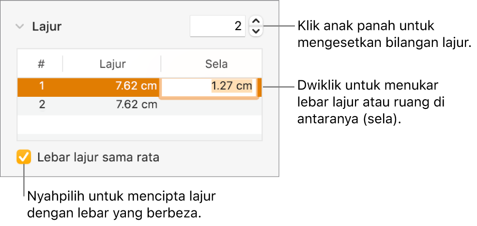 Anak tetingkap Tataletak pemeriksa Format, menunjukkan kawalan lajur.