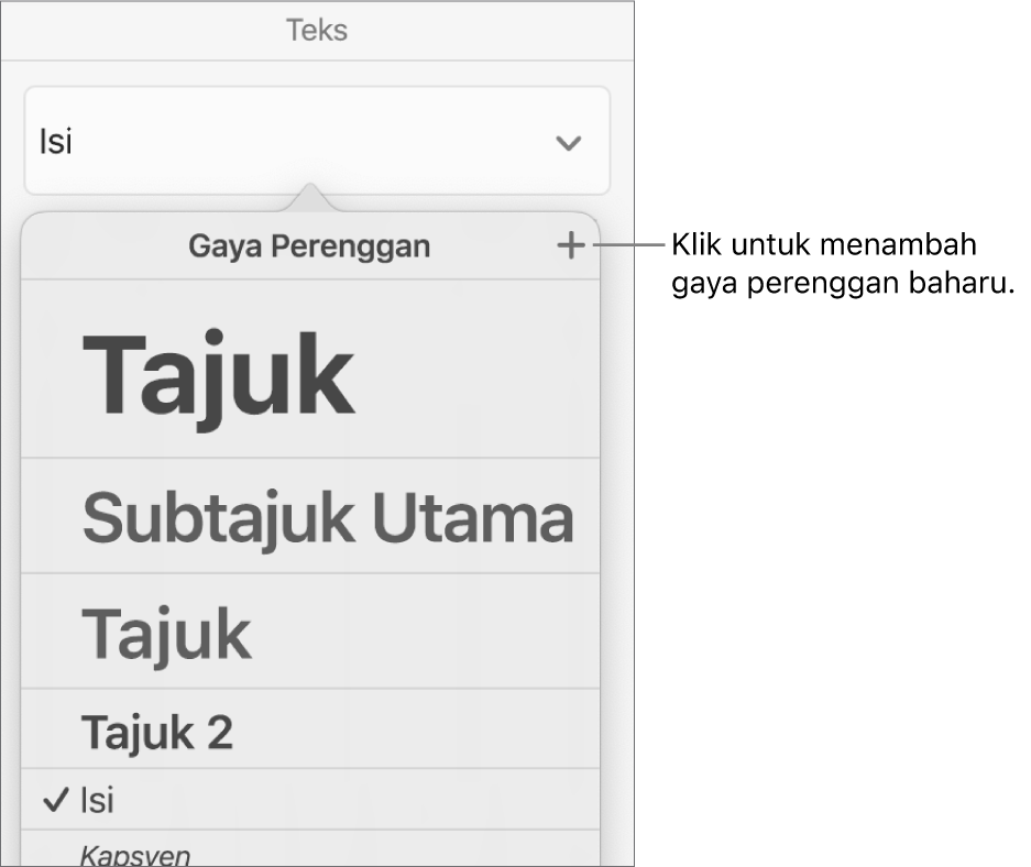 Menu Gaya Perenggan dengan petak bual ke butang Gaya Baharu.