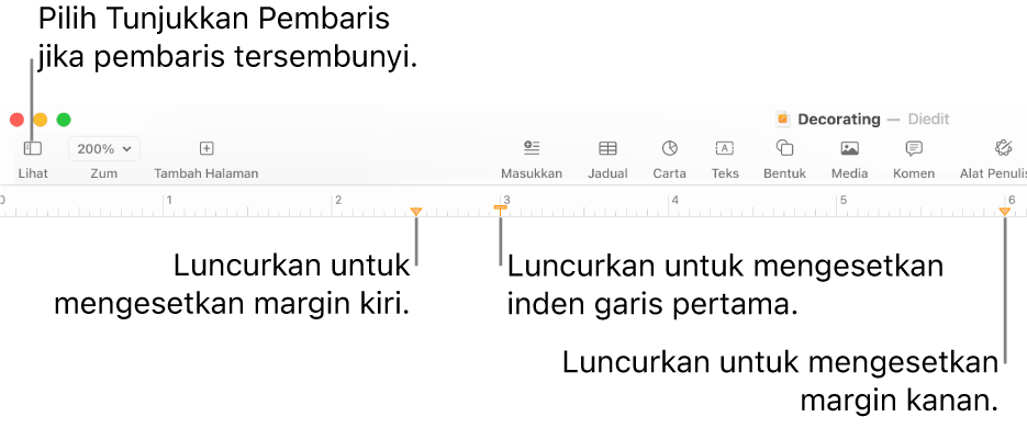 Pembaris dengan kawalan margin kiri dan kawalan inden baris pertama.