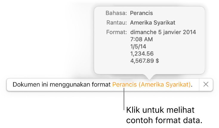 Pemberitahuan seting bahasa dan rantau berbeza, menunjukkan contoh format dalam bahasa dan rantau itu.