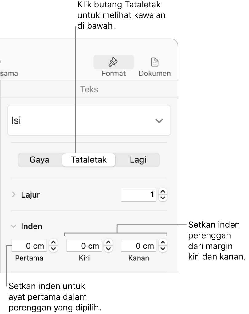 Kawalan dalam bahagian Tataletak pada bar sisi Format untuk mengesetkan inden baris pertama.