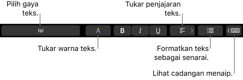 Touch Bar MacBook Pro dengan kawalan untuk memilih gaya teks, menukar warna teks, menukar penjajaran teks, memformatkan teks sebagai senarai dan menunjukkan cadangan menaip.