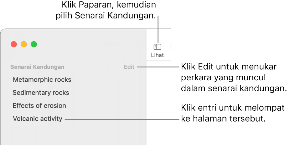 Senarai kandungan pada sebelah kiri tetingkap Pages dengan butang Edit di penjuru kanan atas bar sisi dan entri senarai kandungan dalam senarai. Butang Paparan adalah di penjuru kiri atas bar alat Pages, di atas bar sisi.