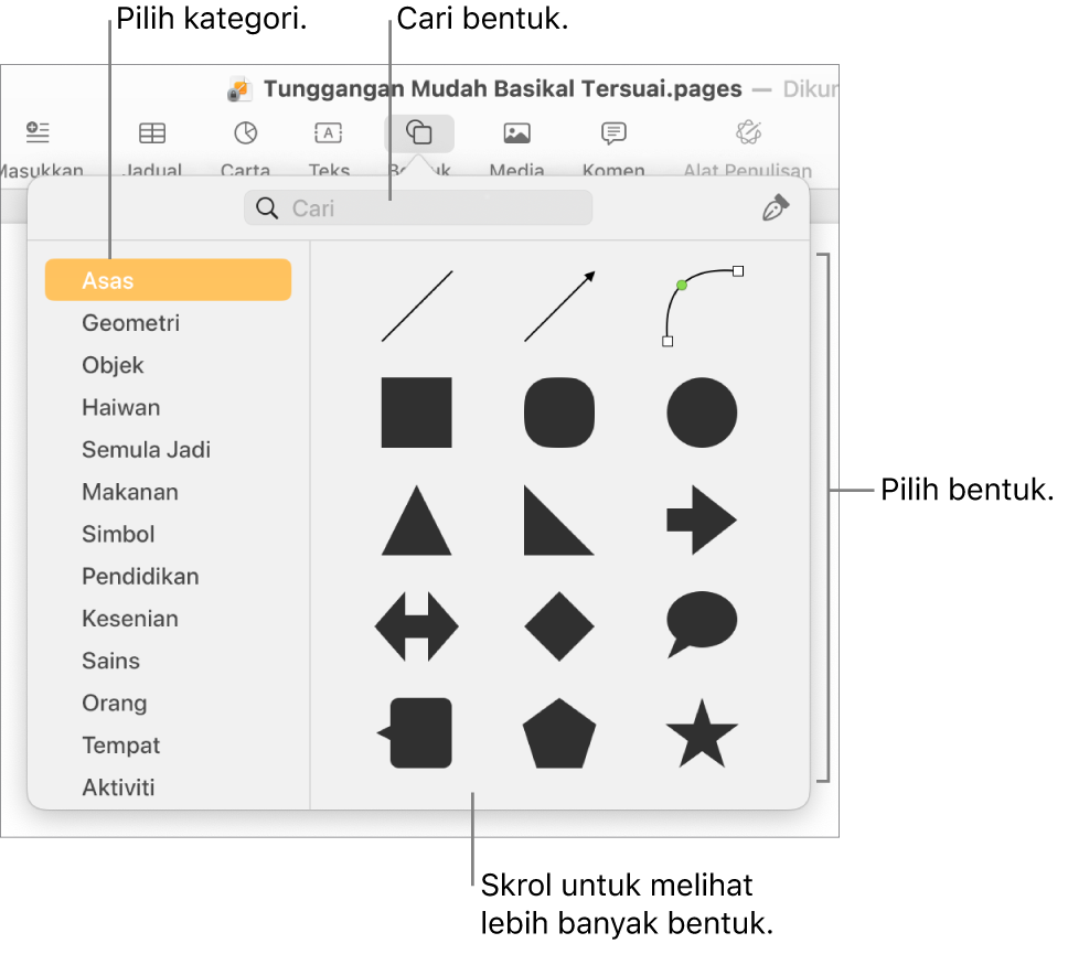 Pustaka bentuk, dengan kategori disenaraikan di kiri dan bentuk dipaparkan di kanan. Anda boleh menggunakan medan carian di bahagian atas untuk mencari bentuk dan skrol untuk melihat lebih banyak.