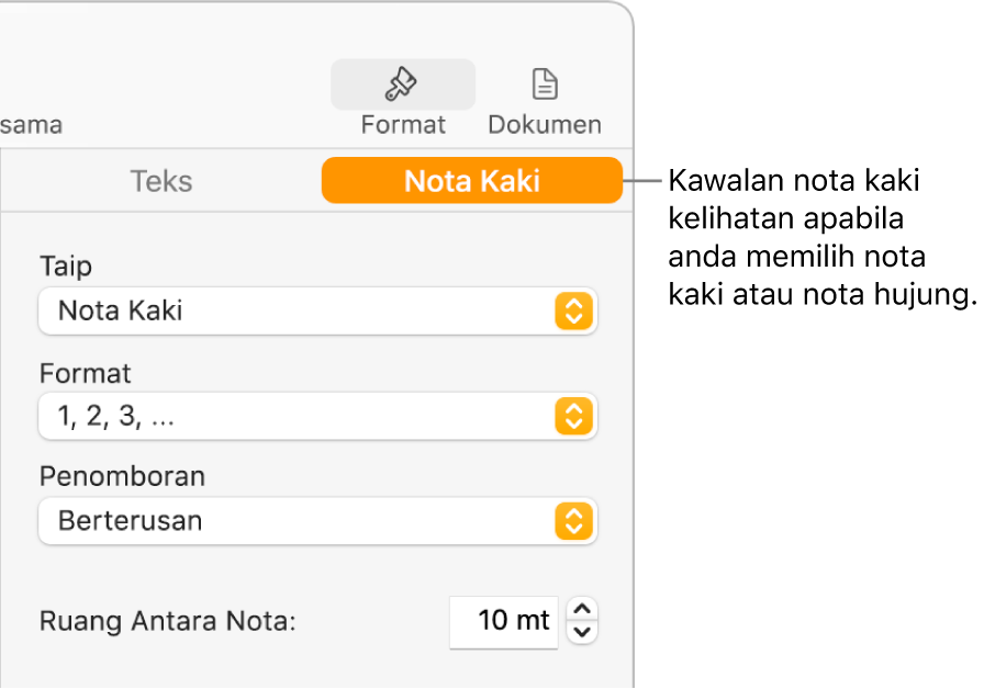 Anak tetingkap Nota Kaki menunjukkan menu timbul untuk Jenis, Format, Penomboran dan ruang antara nota.