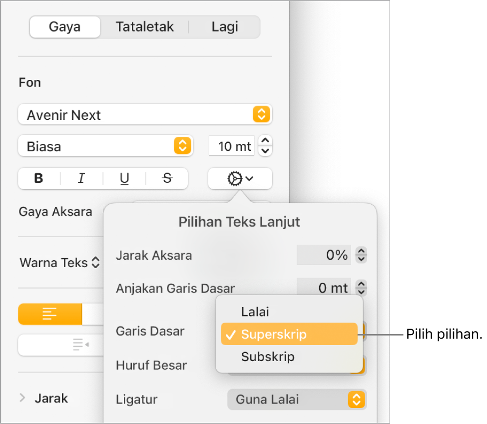 Menu Pilihan Lanjutan dengan menu timbul Garis Asas terbuka dan menunjukkan item menu Lalai, Superskrip dan Subskrip.