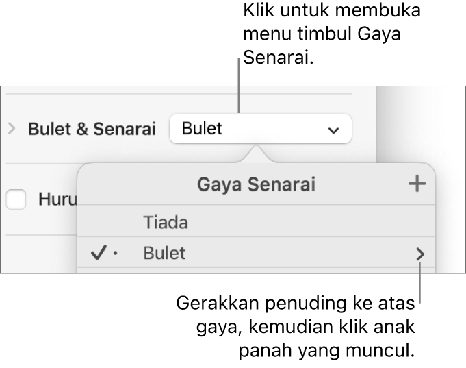 Menu timbul Gaya Senarai dengan satu gaya dipilih dan anak panah di hujung kanan.