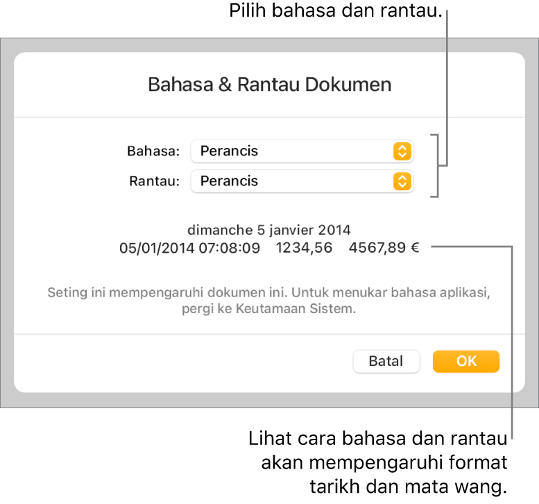 Anak tetingkap Bahasa & Rantau dengan kawalan untuk bahasa dan rantau, serta contoh format termasuk tarikh, masa, perpuluhan dan mata wang.