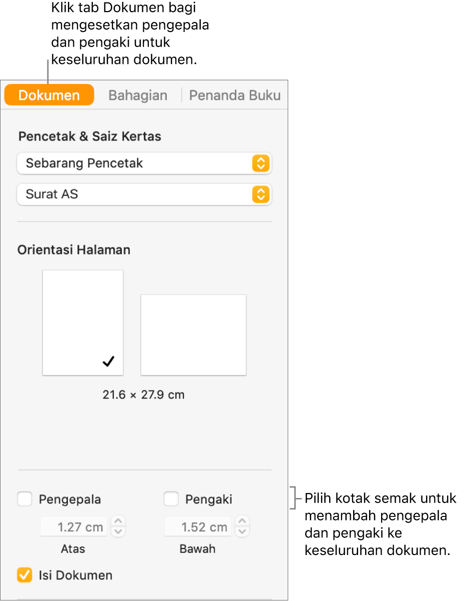 Bar sisi Dokumen dengan tab Dokumen di bahagian atas bar sisi dipilih. Di bawah kotak semak Pengepala dan Pengaki ialah anak panah untuk menukar jarak daripada pengepala dan pengaki daripada bahagian atas dan bawah halaman.