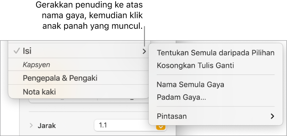 Menu Gaya Perenggan dengan menu pintasan terbuka.