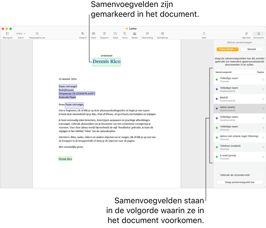 Pages-document met samenvoegvelden voor geadresseerde en afzender. In de navigatiekolom 'Document' wordt de lijst met alle gebruikte samenvoegvelden weergegeven.