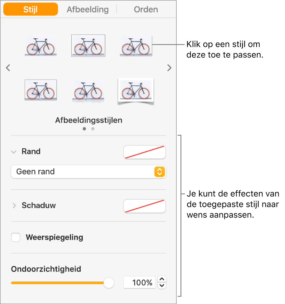 Het tabblad 'Stijl' van de navigatiekolom 'Opmaak' met stijlopties voor het object.