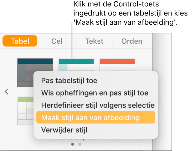 Het contextuele menu voor tabelstijlen.