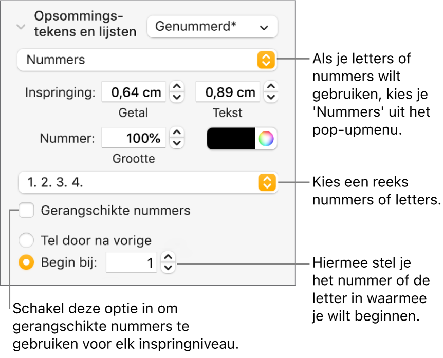 Regelaars voor het wijzigen van de nummeringsstijl en de afstand voor een lijst.