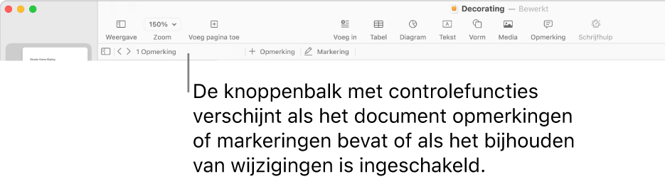 De Pages-knoppenbalk boven in het scherm met knoppen voor Weergave, Zoom, Voeg pagina toe, Voeg in, Tabel, Diagram, Tekst, Vorm, Media en Opmerking. Onder de Pages-knoppenbalk staat de knoppenbalk met controlefuncties met een knop voor het verbergen of weergeven van opmerkingen, pijlen om naar de vorige of volgende opmerking te gaan, het totale aantal opmerkingen en knoppen voor het toevoegen van een opmerking of markering.