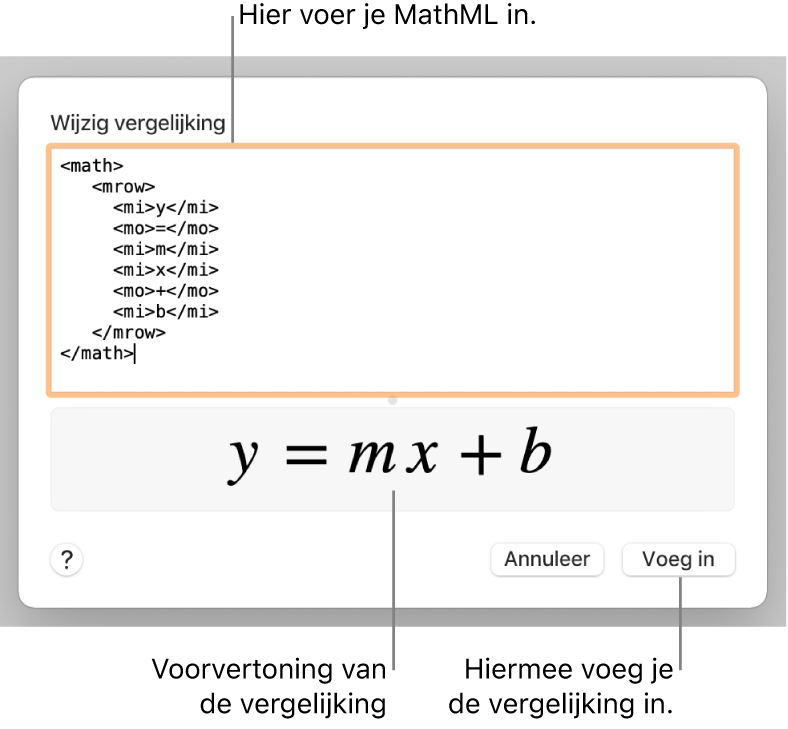 In het veld 'Wijzig vergelijking' staat de vergelijking voor de helling van een lijn, met daaronder een voorvertoning van de formule.